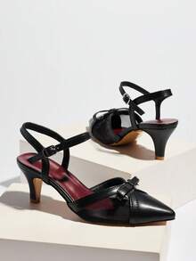 女士新款尖头细高跟蝴蝶结网纱拼接优雅时尚后跟镂空派对婚礼高跟鞋 - 黑色 - 查看 6