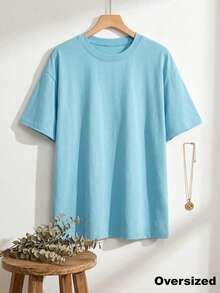 Maglietta casual da donna con vestibilità ampia e tinta unita, spalle scoperte, versatile per uso quotidiano, vacanze e pendolarismo, adatta per l'estate - celeste - Visualizzare 7