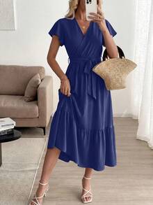 A Summer Bohemian Floor-Length, Short-Sleeved, V-Neck, Flowing Wedding Dress For Guests - Màu xanh lam - Xem 3