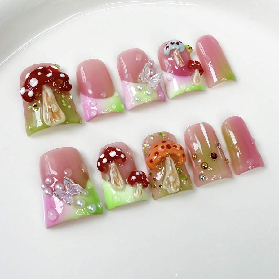 NAILART Send Randomly 10pcs Pink Duckbill Handmade Press On Nails Art Simple White French Short Fake Nail Wearable Rhinestones Design False Nails Tips - 644-L - Xem 1