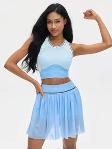 Leorrey 1 Set Women Ribbed Patchwork Round Neck Racerback Tank Top & High Waist Pleated Mesh Anti-Chafing Shorts Sports Suit - Baby Blue - View 10