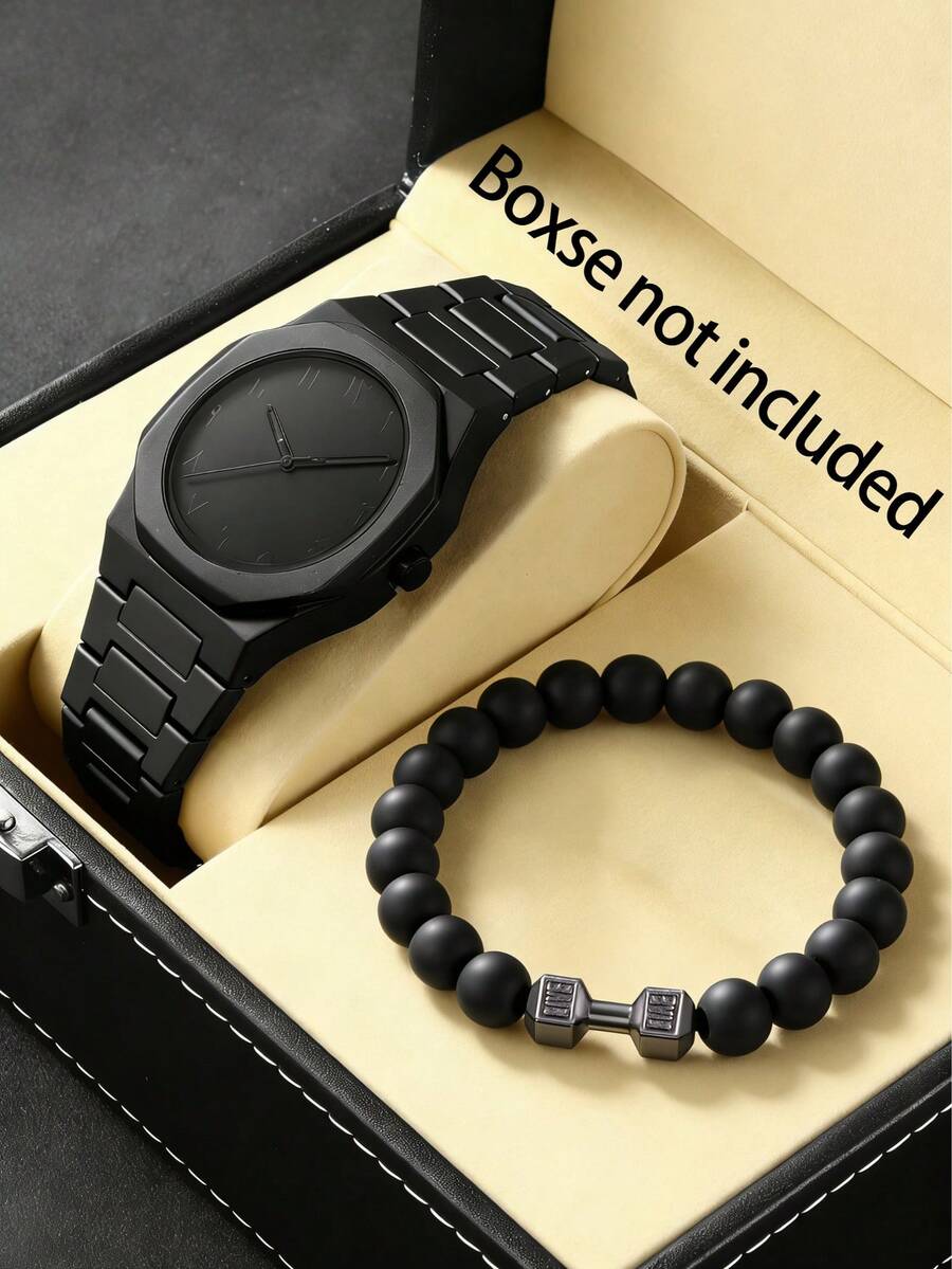 2pcs Fashion Boy's Quartz Watch Set With Dumbbell Bracelet, Plastic Case, Arabic Numeral Dial, (No Gift Box), Fits Most, Suitable For Daily Wear, Friend Gift - Black - View 1