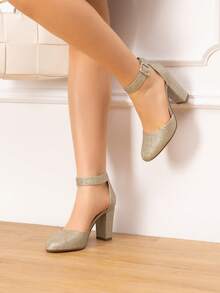 Women Heel Closed Toe Chunky High Heel Ankle Strap Wedding Party Comfortable Prom Pumps Shoes - Vàng - Xem 4
