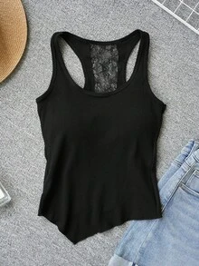Sexy Contrast Lace Backless Camisole Top, Slim Fit Revealing Back Design, Summer New Arrival - Black - View 8