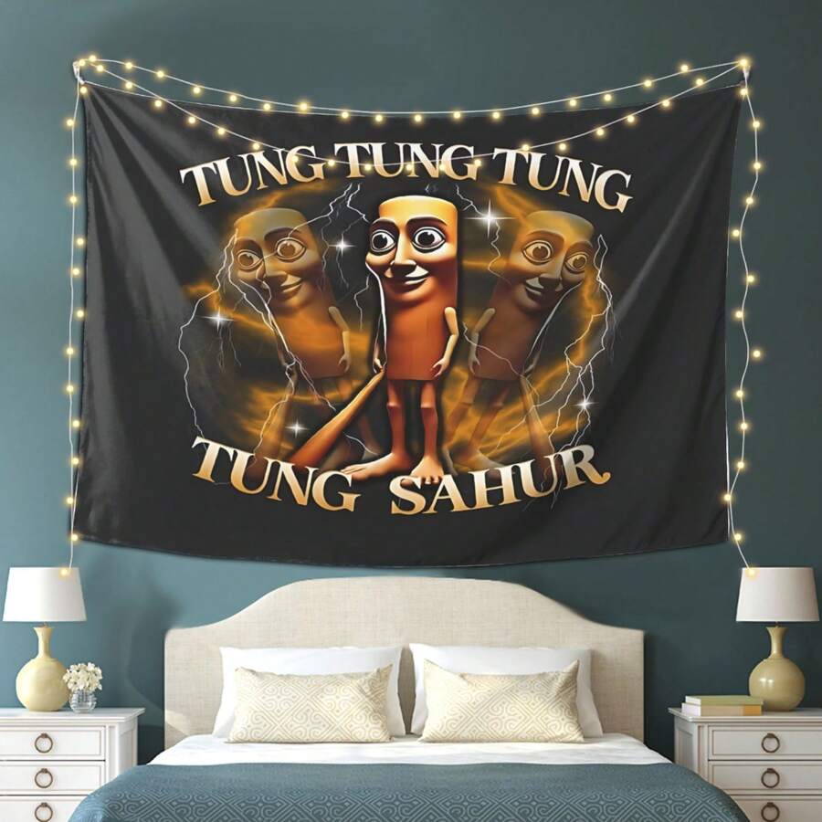 Tung Tung Tung Sahur Idea Inspiration Tapestry Vintage Movie Poster Style, American Vintage Wall Hanging, Nostalgic Intricate Design, Perfect For Wall Decoration, Essential For Family Party Decor - Nhiều màu - Xem 1