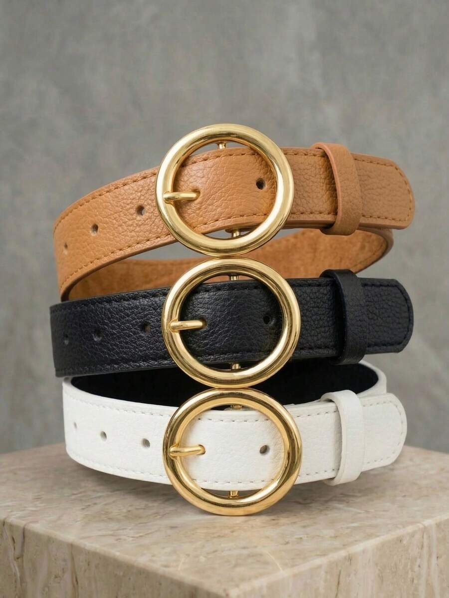 Women's Belt Set With Gold Metal Polka Dots, Synthetic Leather, Minimalist, Fashion Blogger Style, Unisex, Daily Use, Simple, Casual, 2024, Popular, Beautiful, Seasonal, Black, White, Brown, Caramel, Pink, Current Size, Stitched, Occasional, Versatile, Decorative, Vintage, 247 - 套件 3 件 - 查看 1