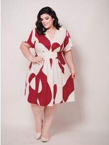 Women's Short Formal Plus Size Dress With Short Sleeves, MORA Prints, Round Style, Evangelical Style, For Church Conferences, Bridesmaids, And Weddings! - 酒紅色 - 查看 8