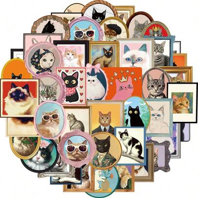 50 piezas Pegatinas de marco de foto de gato lindo, pegatinas de garabatos creativos, suministros de oficina, pegatinas para teléfonos móviles y computadoras, de alto valor, duraderas, exquisitas, pegatinas geniales, divertidas, de diseño de dibujos animados clásicos y coloridos, decoración de regalos, decoración de fundas de teléfonos, reutilizables, diseño de dibujos animados coloridos, adecuadas para botellas de agua, patinetas, teléfonos móviles, etc., perfectas para útiles escolares, una opción principal para regalos festivos.