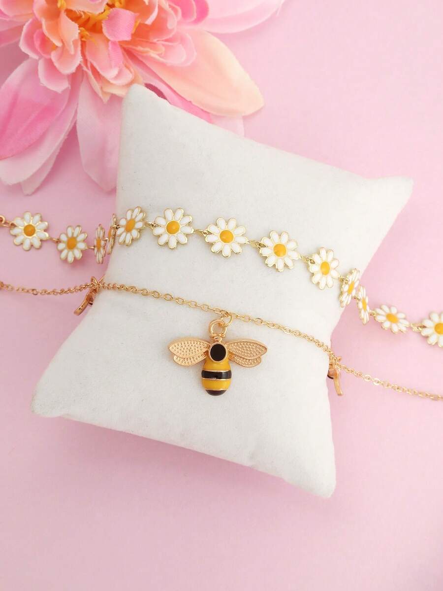 Bộ 2 vòng tay hình ong và hoa cúc dễ thương, đa năng, phù hợp để đeo hàng ngày cho thanh thiếu niên. - con ong - Xem 1