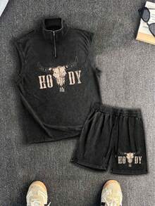 简约男士夏季水洗做旧半拉链背心套装 - 黑色 - 查看 2