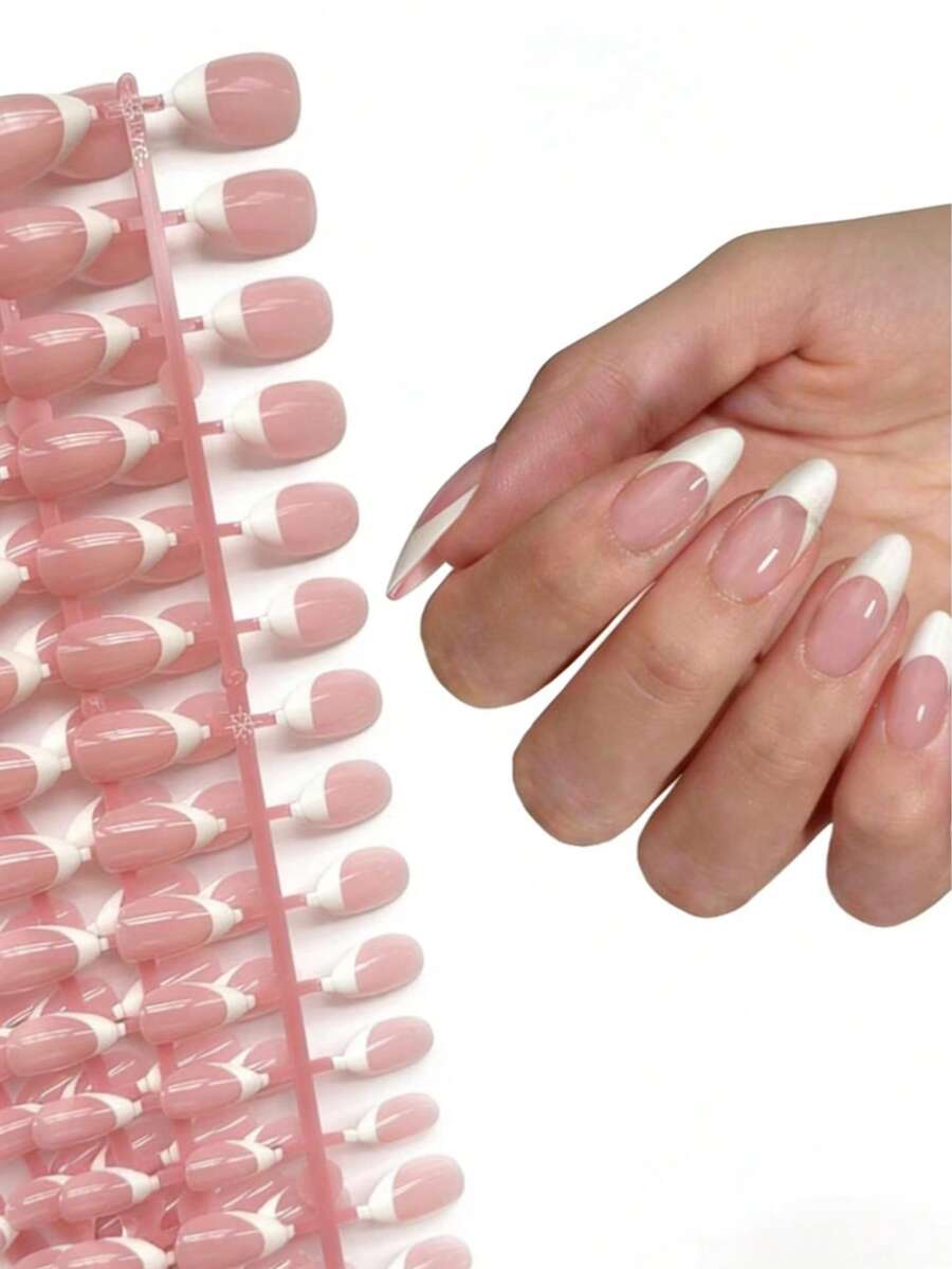150片法式粉色圆形假指甲，15种尺寸，三合一美甲贴纸，持久耐用，适合DIY美甲 - 粉色 - 查看 1