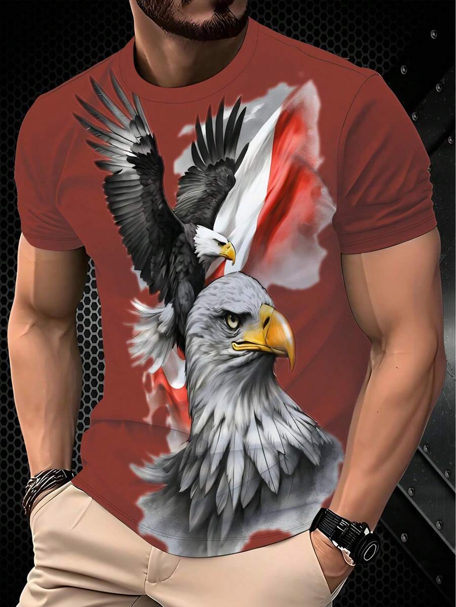 Weißes Sommer T-Shirt mit Adler Grafik-Muster, atmungsaktiv, modisch und auffallend, lässiges Kurzarm-Top für Herren - Verschiedenfarbig - Übersicht 1