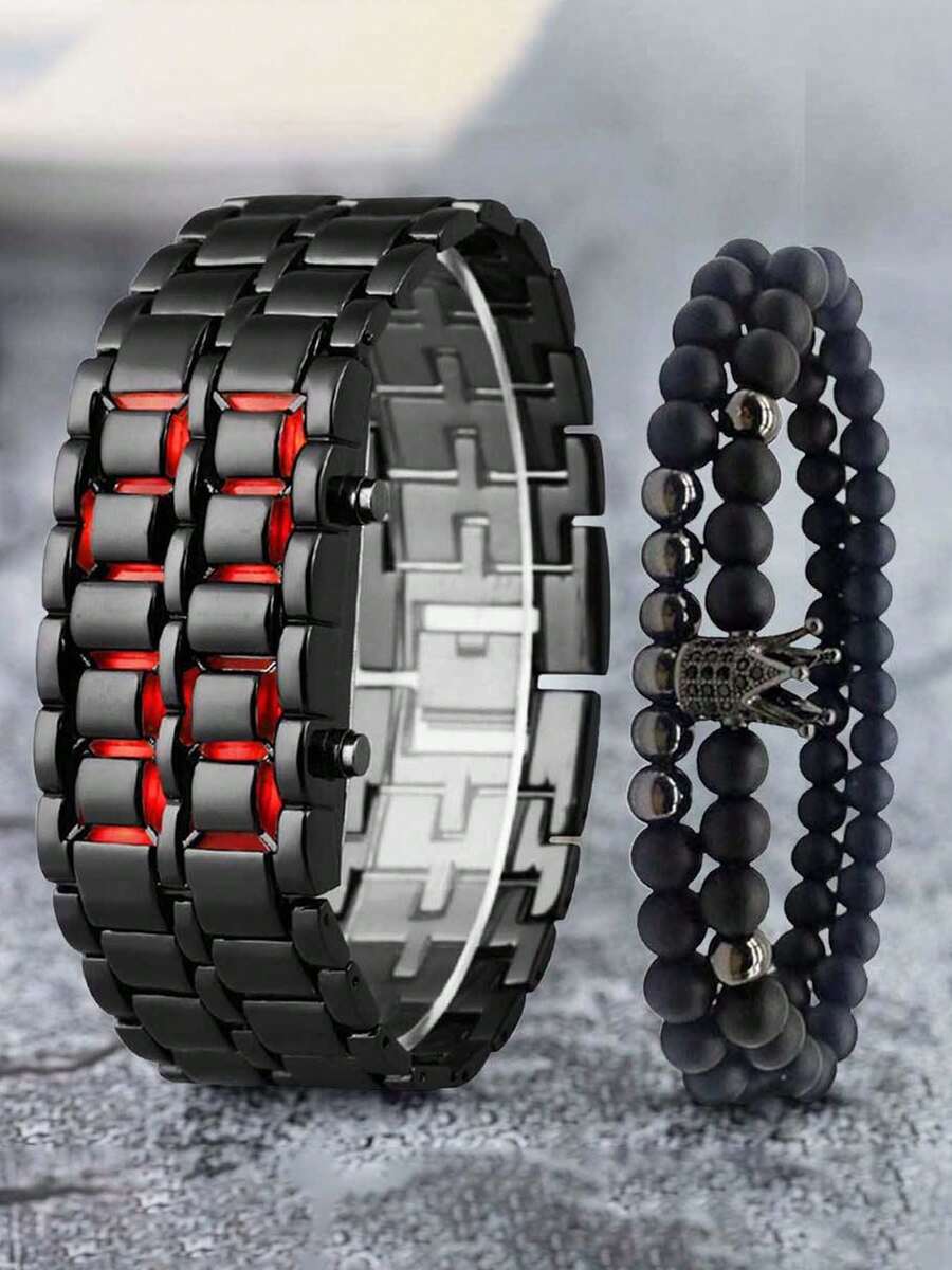 2 pièces/set Nouvelle montre électronique LED à bracelet en acier inoxydable à la mode pour hommes d'affaires, convient pour la décoration quotidienne - Noir - Voir 1