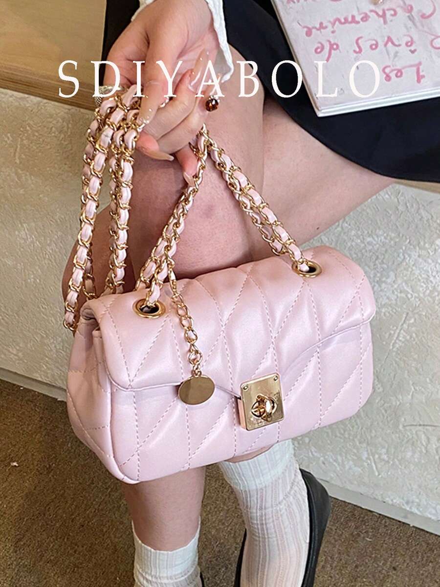 Classic Solid Color Waterproof Fabric Cartoon Pattern Rhombus Patchwork Design Chain Square Bag, Twist Lock Closure, Burgundy Suitable For Travel, Shopping, Work Commute And Party