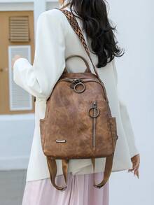Vintage Style Minimalist Women Backpack, With Multiple Pockets And Zippers, Suitable For Daily Use, Commuting, Outdoor Activities, Can Fit Laptop, Ideal For College Students, Teenagers, Suitable For University, Business, Work, Commuting - Multicolor - View 9
