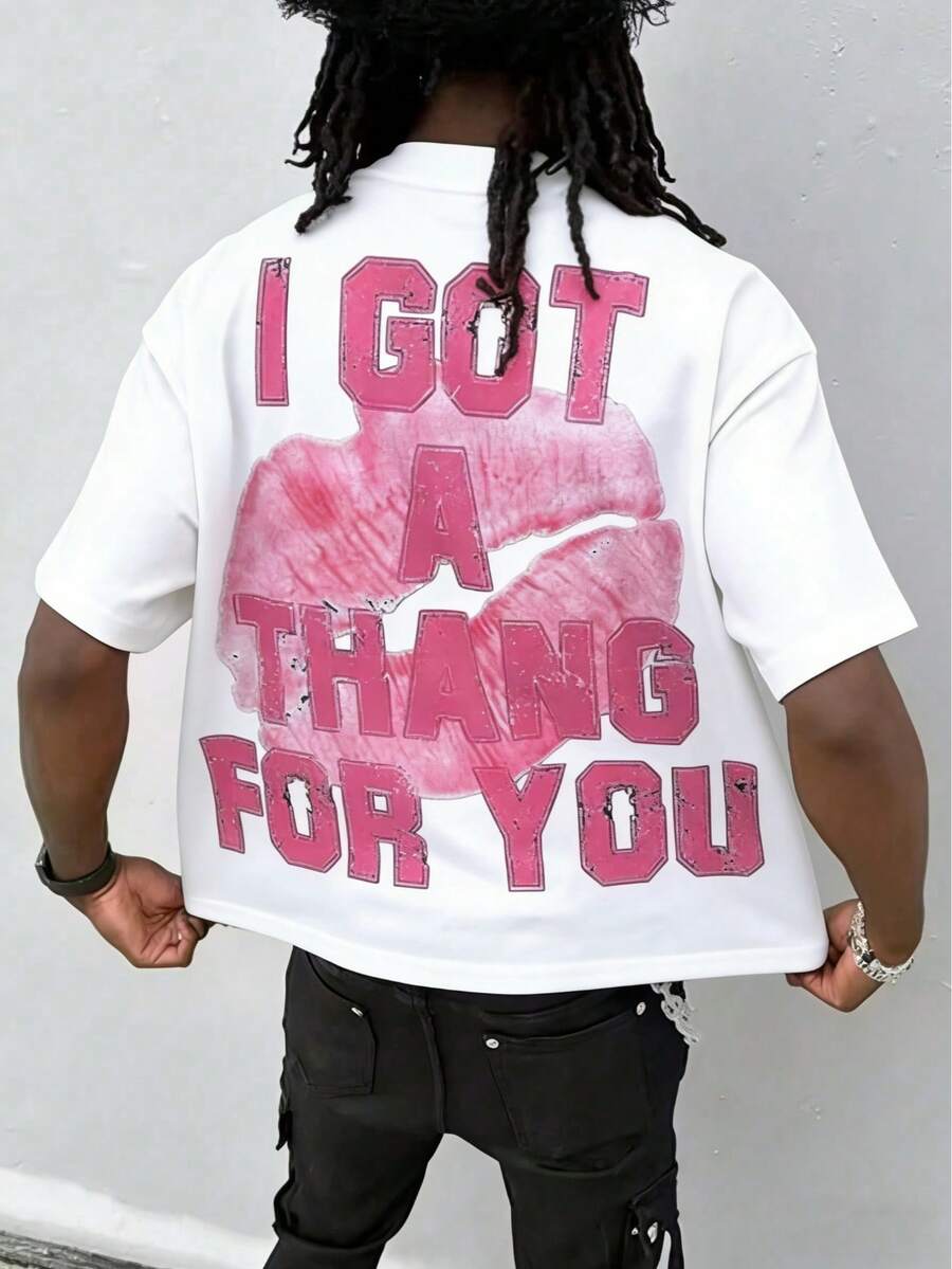 Men's Summer Round Neck Short Sleeved Casual Pure Cotton Print Letter Hand Drawn Y2k Style - 白色 - 查看 1