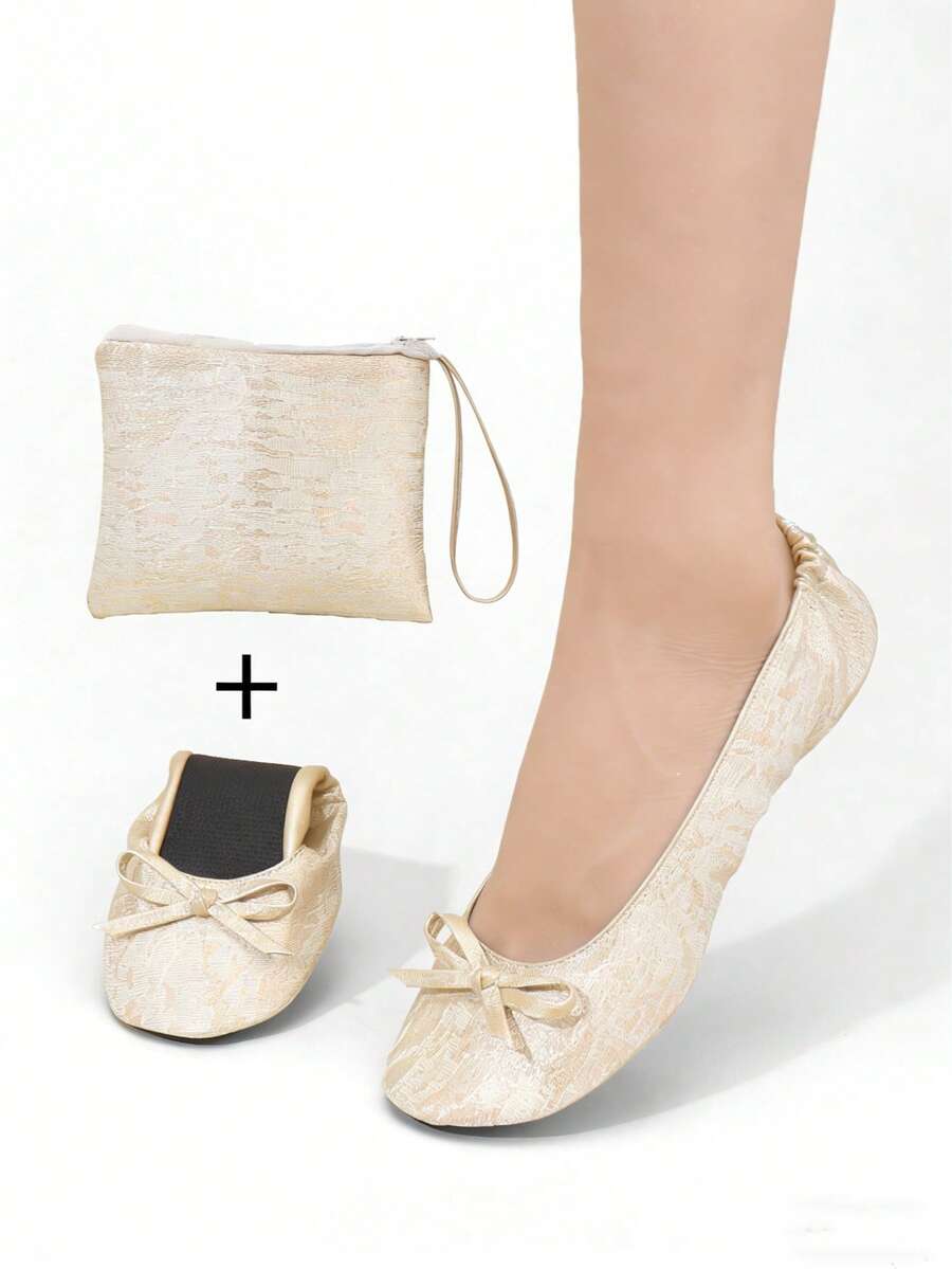 Giày búp bê ren vàng cho đám cưới, trong nhà, nhẹ, tạo cảm giác như đi chân trần, có nơ trang trí, có thể gấp gọn, dễ mang theo, mềm mại, thoải mái, thích hợp cho nữ, ở nhà, dự tiệc, dạo chơi.