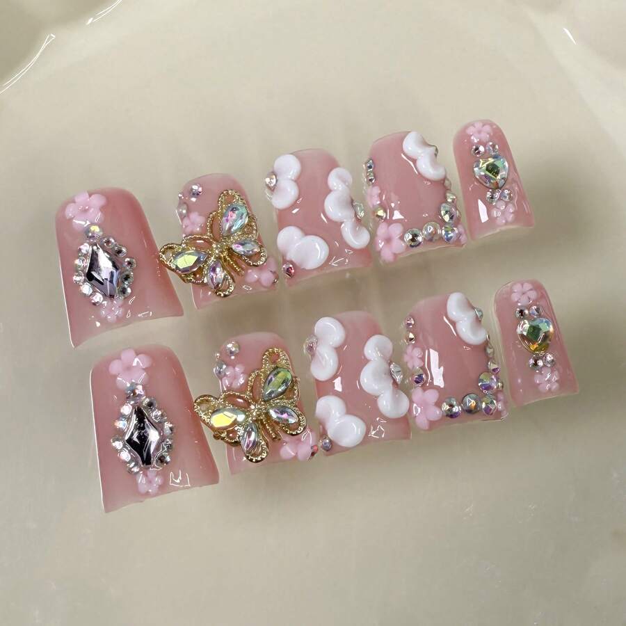 NAILART Send Randomly 10pcs Pink Duckbill Handmade Press On Nails Art Simple White French Short Fake Nail Wearable Rhinestones Design False Nails Tips - 593-L - Xem 1