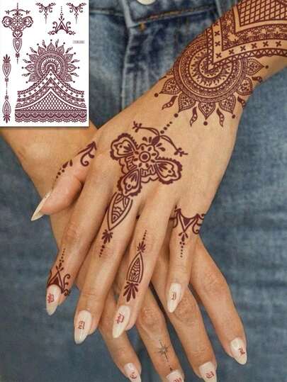 1pc Full Hand Floral Chain Design Henna Style Brown, Red, Burgundy Sexy Toe & Hand Temporary Tattoo Sticker, Women Floral Henna Tattoo Sticker Waterproof Temporary Tattoo Sticker Brown Tattoo Sticker, Women Body Art Sticker Wedding Party Brown Red Tattoo Sticker