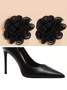 1 par de nuevas flores negras huecas de tela enrollada, adecuadas para corsages, sandalias, accesorios florales 3D hechos a mano - Negro - Ver 2