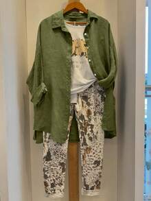 Jisfaneya Green Solid Color Button-Up Shirt, Crinkled Fabric: Versatile Spring/Summer Shirt, Suitable For Vacation, Casual And Everyday Wear - Green - View 3