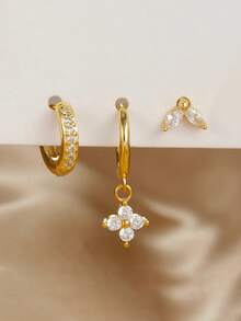 Bộ 3 khuyên tai nữ, khuyên tai vòng hình hoa may mắn bằng đồng đính đá Cubic Zirconia, kiểu dáng cơ bản hàng ngày, thích hợp làm quà tặng sinh nhật. - Vàng - Xem 2
