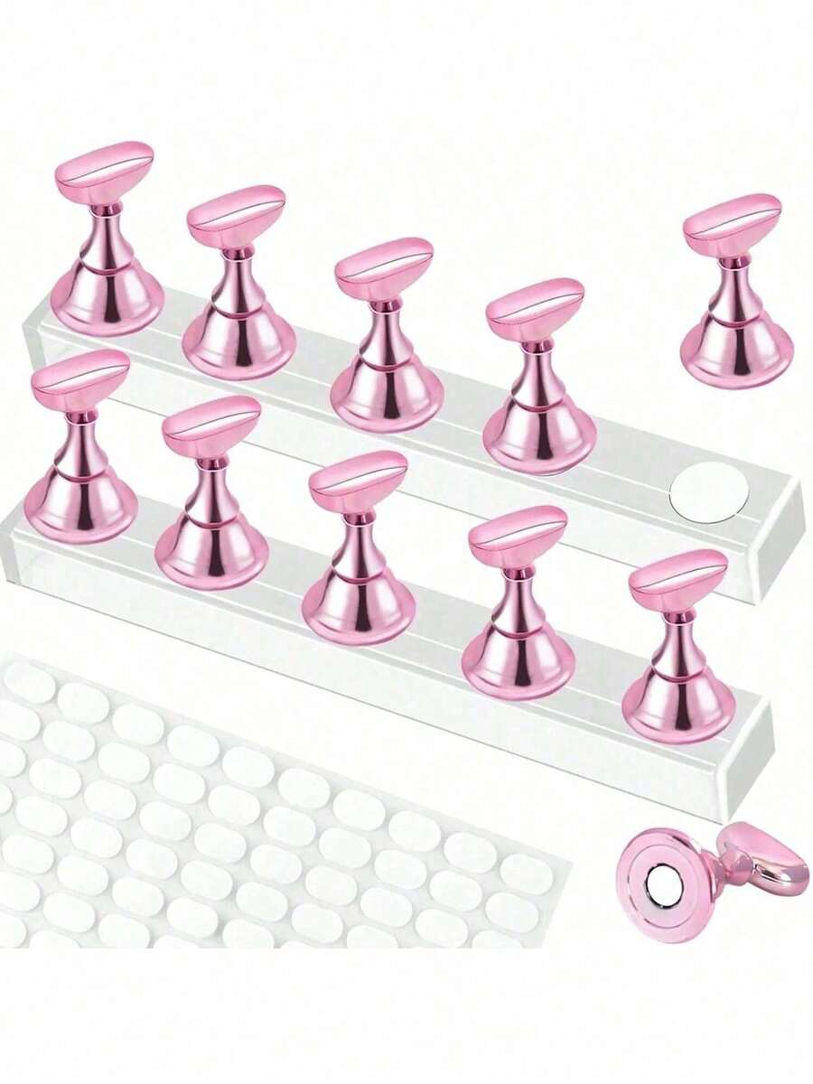 2 Bộ (Tổng cộng 12 món) - Khay vẽ móng, Bộ giá đỡ vẽ móng (Chỉ có đế), Giá đỡ dập móng, Khay tập vẽ móng tay, Giá đỡ vẽ móng đã phủ sẵn, Kệ trưng bày móng, Bộ dụng cụ làm móng tại nhà dành cho người mới bắt đầu (Màu hồng)