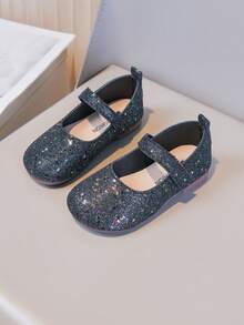 1双女童黑色亮片材质可爱时尚儿童平底鞋，柔软方头，优质材料，透气轻便，舒适贴合，适合女童、幼儿、小学生，户外、四季皆宜、派对、节日穿着 - 黑色 - 查看 5