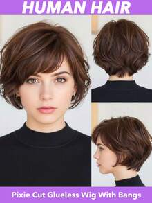 Peruca Curta Pixie Marrom Claro, Densidade 180%, Perucas Curtas Soltas Sem Cola Com Franja, Touca de Rede Rosa, Aparência Natural Feita à Máquina, Perucas de Cabelo Curto, Peça de Cabelo Diária, Peça de Cabelo Elegante 4 Polegadas #4 - S4 - Visão 3