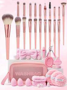 42件套化妆工具套装，包含：20支化妆刷套装+1个发圈+1个面膜刷+1个睫毛夹+3个三角粉扑+1个化妆刷清洁工具+3个迷你气垫粉扑+1个多功能防水拉链化妆包+3个洁面海绵+2个手碗挂绳+3个化妆海绵+3个迷你化妆海绵，一应俱全，新手友好 | 方便携带，送礼佳品 | 新手/女性的完美之选 - 彩色 - 查看 13
