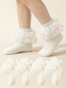 4 Pairs Solid Color Lace Trim Double Layer Princess Dance Socks For Kids & Toddlers - Champagne - View 9