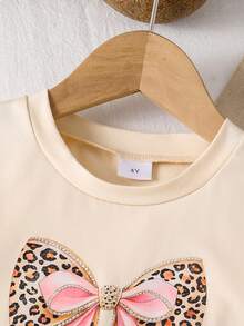 Girls' Summer Chic Leopard Print 2 Pieces Set: Apricot Leopard Print Bow Short Sleeve T-Shirt + Pink Trim Leopard Print Wide Leg Pants - Apricot - View 3