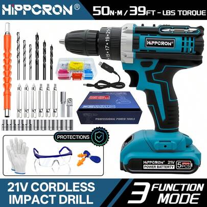 HIPPCRON 21V 无绳冲击钻套装，50牛米扭矩，25+3档扭矩设置，3/8英寸免匙夹头，LED照明灯，快充电池 + 24个配件