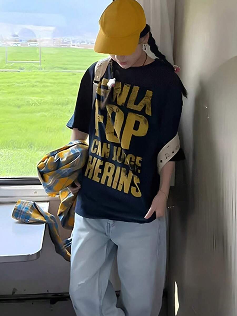 女士圆领短袖T恤，夏季新款字母印花，时尚休闲百搭宽松上衣 - 藏藍 - 查看 1