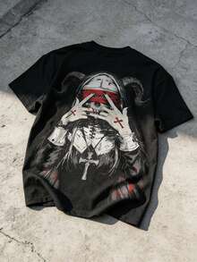 Camiseta masculina de manga curta casual de verão, estilo vintage com estampa de caveira escura, gola redonda, tecido de poliéster, ideal para esportes e atividades físicas. - Preto - Ver 8