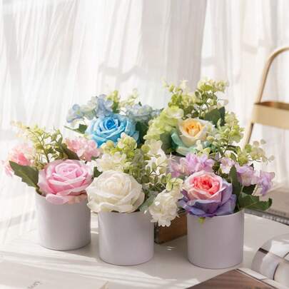 Kit de macetas con flores artificiales pequeñas, flores falsas realistas de rosas de seda y plantas verdes con jarrón, regalos, centro de mesa para comedor, soporte para escritorio, decoración para sala de estar
