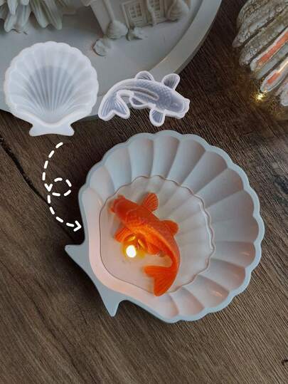2件套 - 贝壳碟石膏模具 + 镜面锦鲤蜡烛模具，DIY创意贝壳托盘模具，家居装饰/礼品摆件环氧树脂模具，手工铸造模具，艺术装饰展示石膏模具，锦鲤吊坠树脂模具