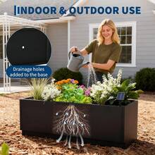 Caja de plantador de cama de jardín elevada de metal led - plantador de acero negro moderno de 47 "x16" con tiras de luz impermeables y control remoto, montaje, agujeros de drenaje, flor al aire libre / interior, hierbas y verduras - negro - Ver 7