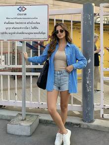 2026 Frühling Neuankömmling Retro Amerikanischer Stil Locker Gestreift & Blume Muster Langarm Bluse für Frauen - Blau - Übersicht 2