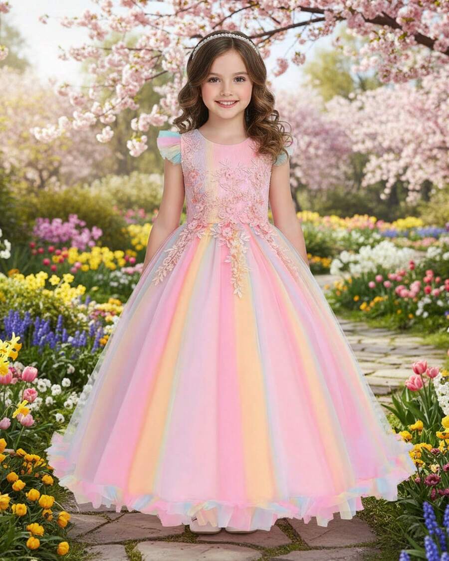 Flower Girls Maxi Dress Bridesmaid Wedding Pageant Party Princess Communion Floral Boho Vintage Lace Dance Gown - Màu Hồng  San hô - Xem 1