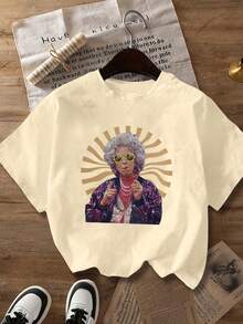 Plus Size Women's Casual Graphic Print Round Neck Short Sleeve T-Shirt, Suitable For Spring, Summer, Autumn, Plus Size Tee For Elderly Ladies, Back To School, Summer Vacation, Summer Clothing - Apricot - View 1