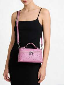 1pc Pink Animal Print PU Leather Square Handbag, Featuring Double Zipper Design, Adjustable Shoulder Strap, Sweet & Fashionable, Suitable For Daily Wear And Shopping - Pink - View 5
