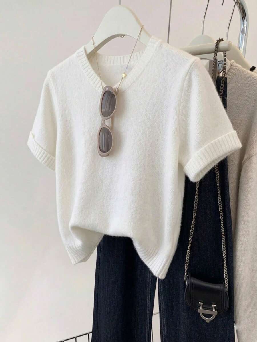 Top de punto acanalado de unicolor, de moda para uso casual en primavera/verano en color blanco - Blanco - Ver 1