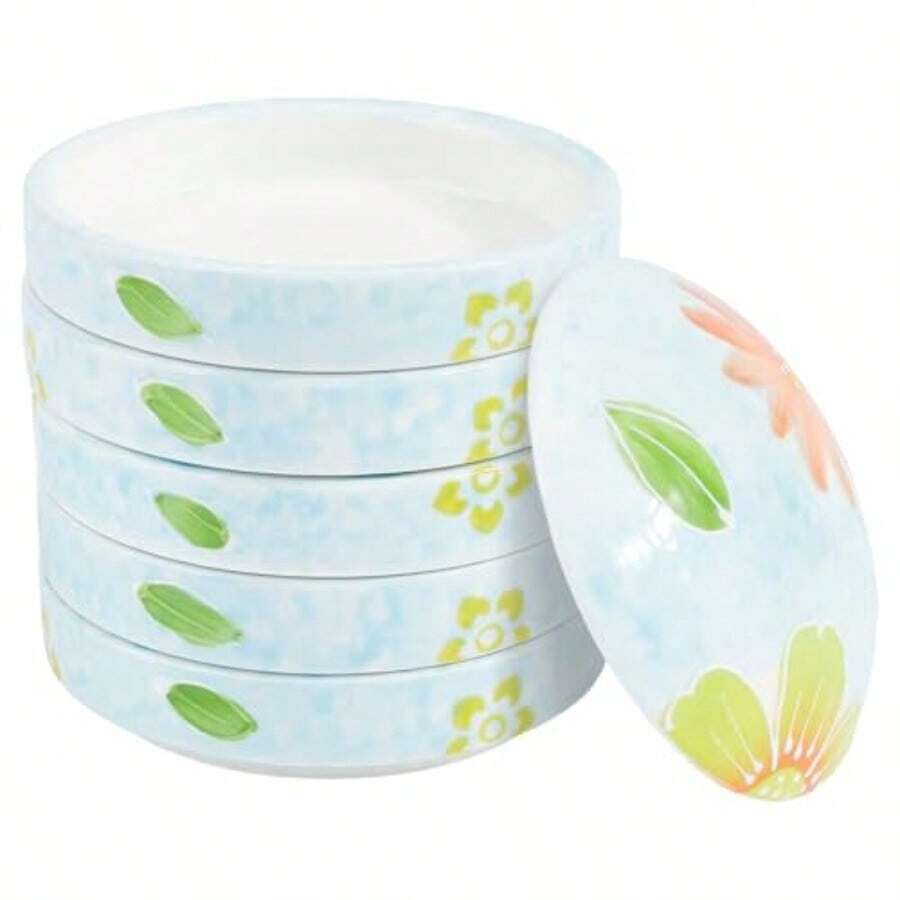 PH PandaHall - Paleta de pintura de cerámica de 5 capas bandeja de mezcla apilable paleta de pintura de porcelana bandeja de pigmentos plato redondo de acuarela con tapa para artista gouache chino - Verde hoja flor - Ver 1