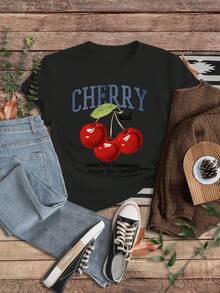 Girls' Beige Cherry Graphic Tee - "Sweetness Runs in our Cherry" Print, Casual & Comfy Polyester Blend, Short Sleeve Crew Neck - Perfect for Summer outings - Preto - Ver 1