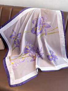 26.77 Inch Faux Silk Printed Square Scarf, 68cm Women's Fashion Breathable Multifunctional Headband Neckerchief Accessory, 1pc - Purple - View 3