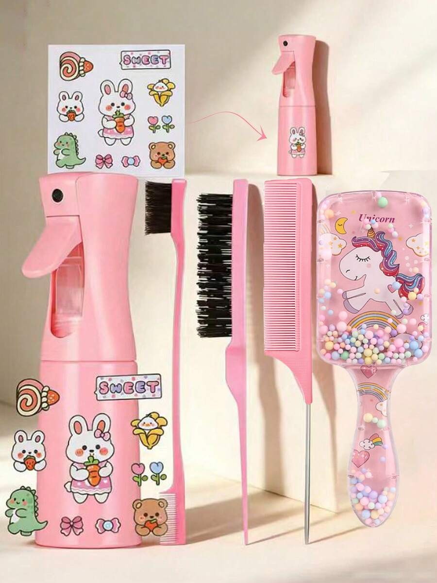 6-Piece Set/Hair Care Tool Set, Including Cartoon 3D Relief Sticker, Ultra-Fine Spray Continuous Spray Bottle (6.8 Ounces/200 Ml), Square Cartoon Bubble Ball Comb, And Edge Brush Brush.