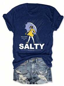 1pcsWomen's Loose-Fitting Short-Sleeved T-Shirt With Fun Text Print.Made Of 100% Pure Cotton, It's Gentle On The Skin.A Simple Street Style T-Shirt Perfect For Summer Commuting Or Casual Dates. - 藏蓝色 - 查看 20