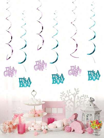 6pcs Gender Revealing Spiral Pendant, It's A Boy (It's A Girl), Party Blue Pink Pendant, Baby Shower Gender Reveal Party, Baby Room Decoration