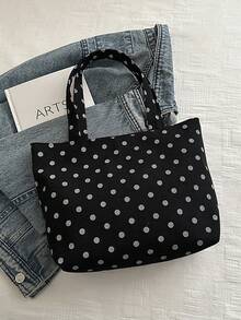 白色波点女士手提包，休闲通勤包，大容量，时尚百搭单肩包 - 黑色 - 查看 10